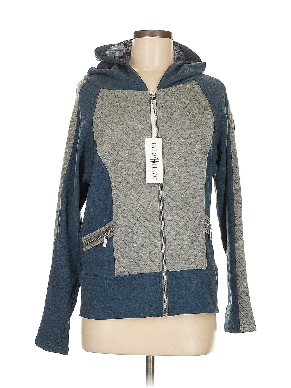Laura Hlavac Lakewood Hoodie Size Medium Blue Grey Quilted Zip-Up
